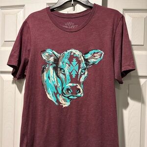 Crazy Train Maroon Tee with Turquoise Cow Graphic